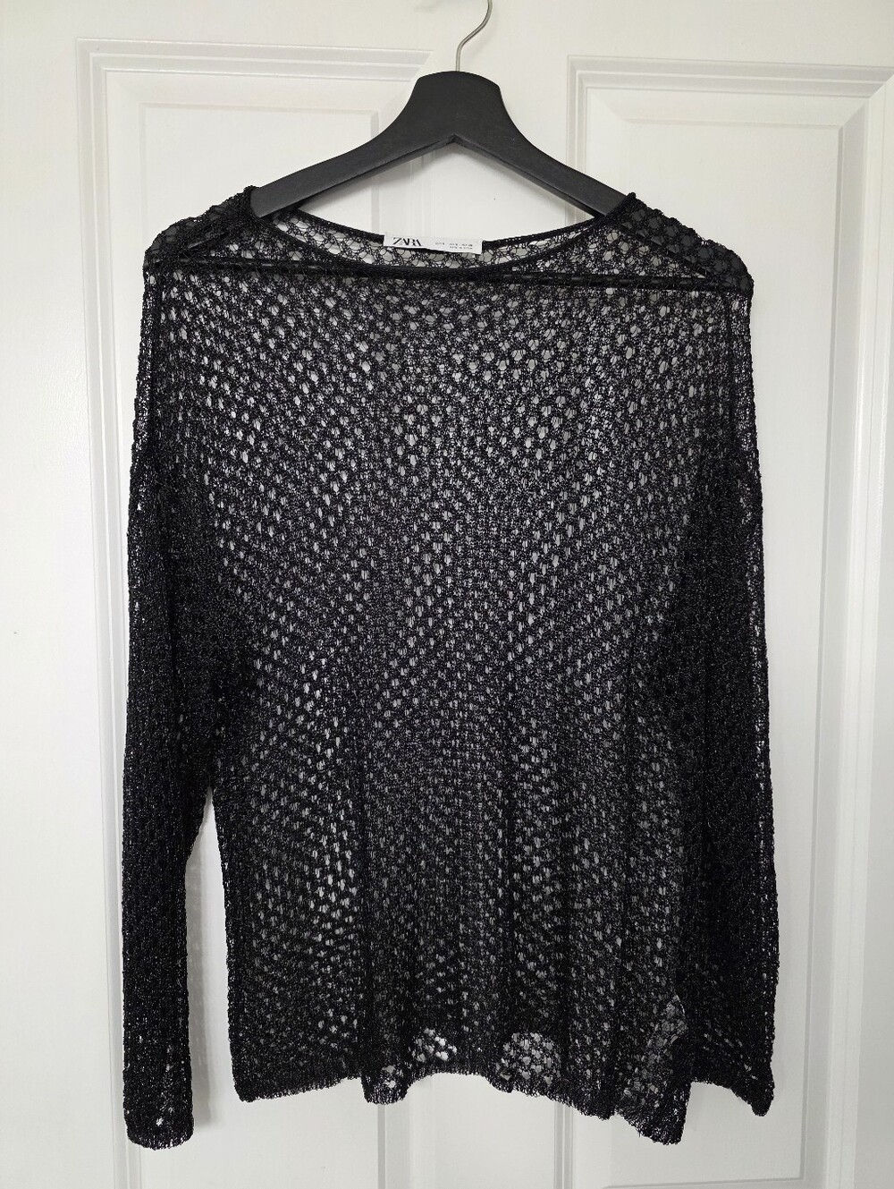 Zara Black Sheer Crochet Long-Sleeve Top